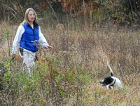 With Riley on point, his handler - blank gun in hand - approaches for the flush and cautions him to stay cool.