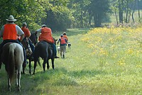 A typical breakaway from the line: two dogs, two handlers on foot, two judges on horseback, and a mounted marshall bringing up the rear.