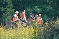 Judges Mike McCleary and Cindy Stahle talk bird field logistics with the gunning team.