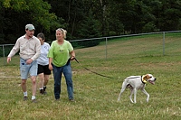 Dog and handler, both hot and tired after a run in the Derby stake.