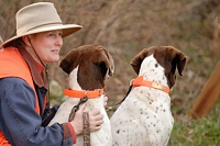 This handler's watching the brace of dogs working the bird field. Her two dogs are fixated on the box of quail at the gunner's station.