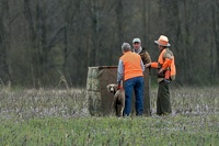 The next handler and her dog are waiting at the blind while the bird planters set up the next track.